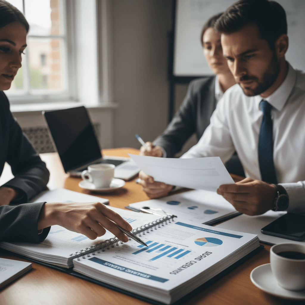 Executive team reviewing a strategic diagnostic report in a meeting room