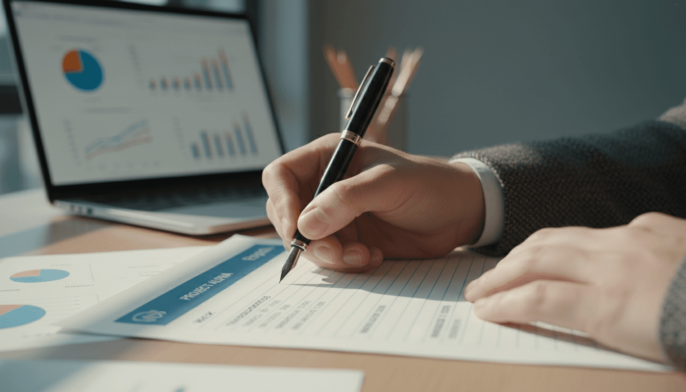 Hands writing progress metrics on a report