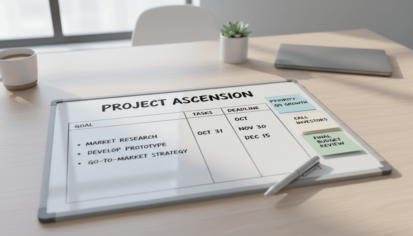 Whiteboard with a prioritized action plan and sticky notes