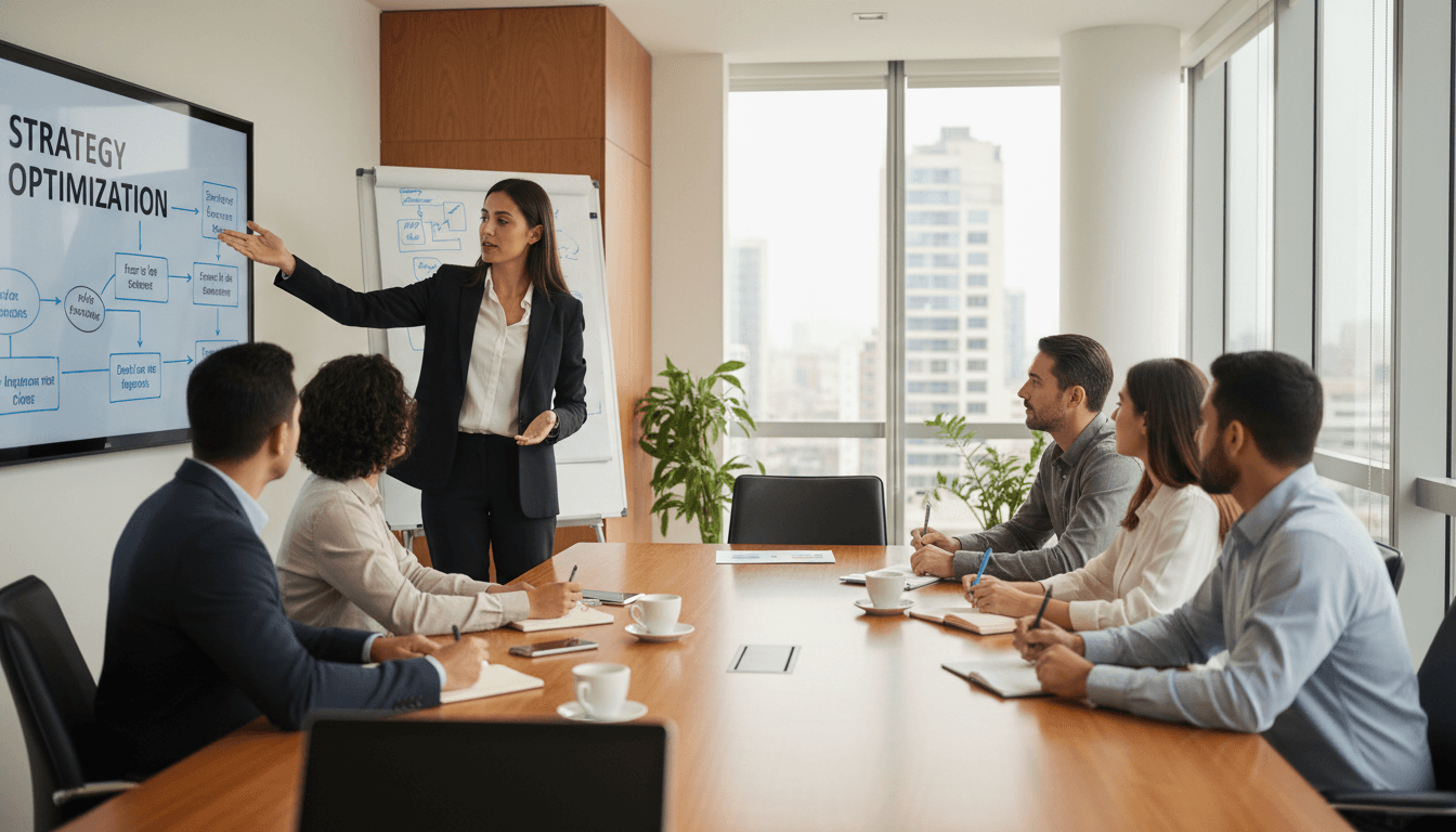 Consultora ejecutiva liderando una sesión de estrategia con un equipo en una oficina moderna