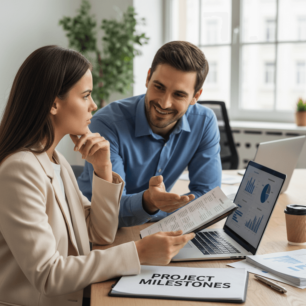 Business consultant reviewing plan progress with a client