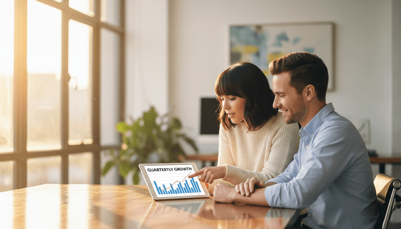 Consultant reviewing progress with a client in an office