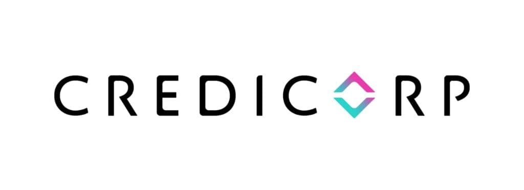 Logo de Credicorp con letras negras y un diamante en degradado rosa y cian.